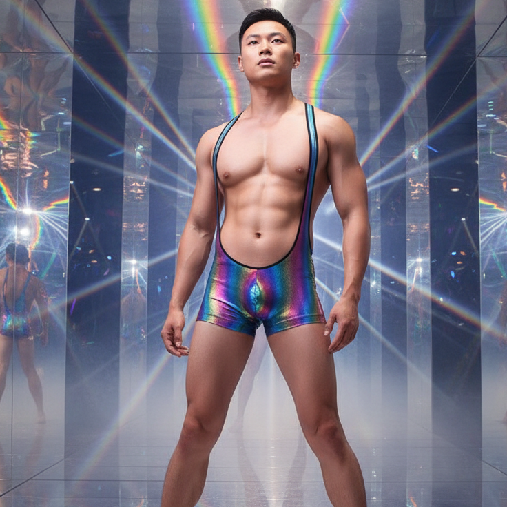 Rainbow Bodysuit—shiny, iridescent gay pride wear with deep-cut sides