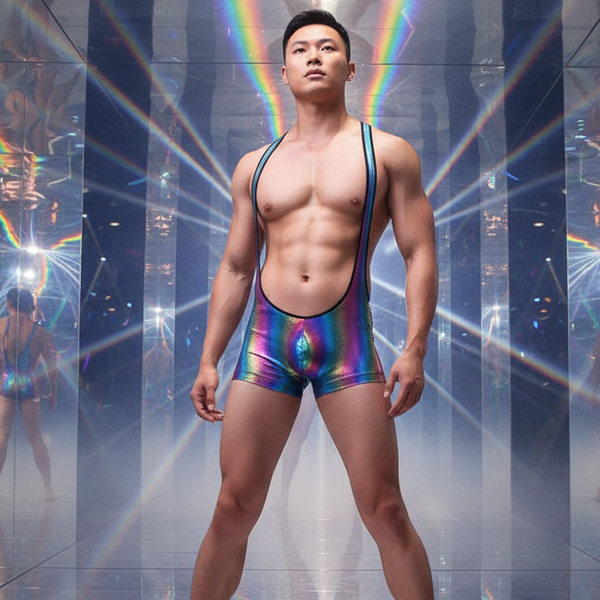 Rainbow Bodysuit—shiny, iridescent gay pride wear with deep-cut sides