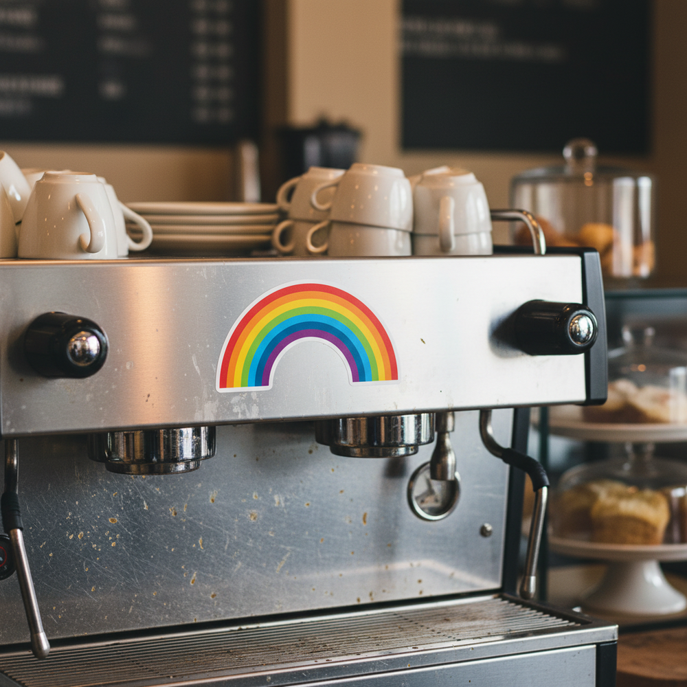 A silver espresso machine with a rainbow bubble-free sticker sits on a café counter