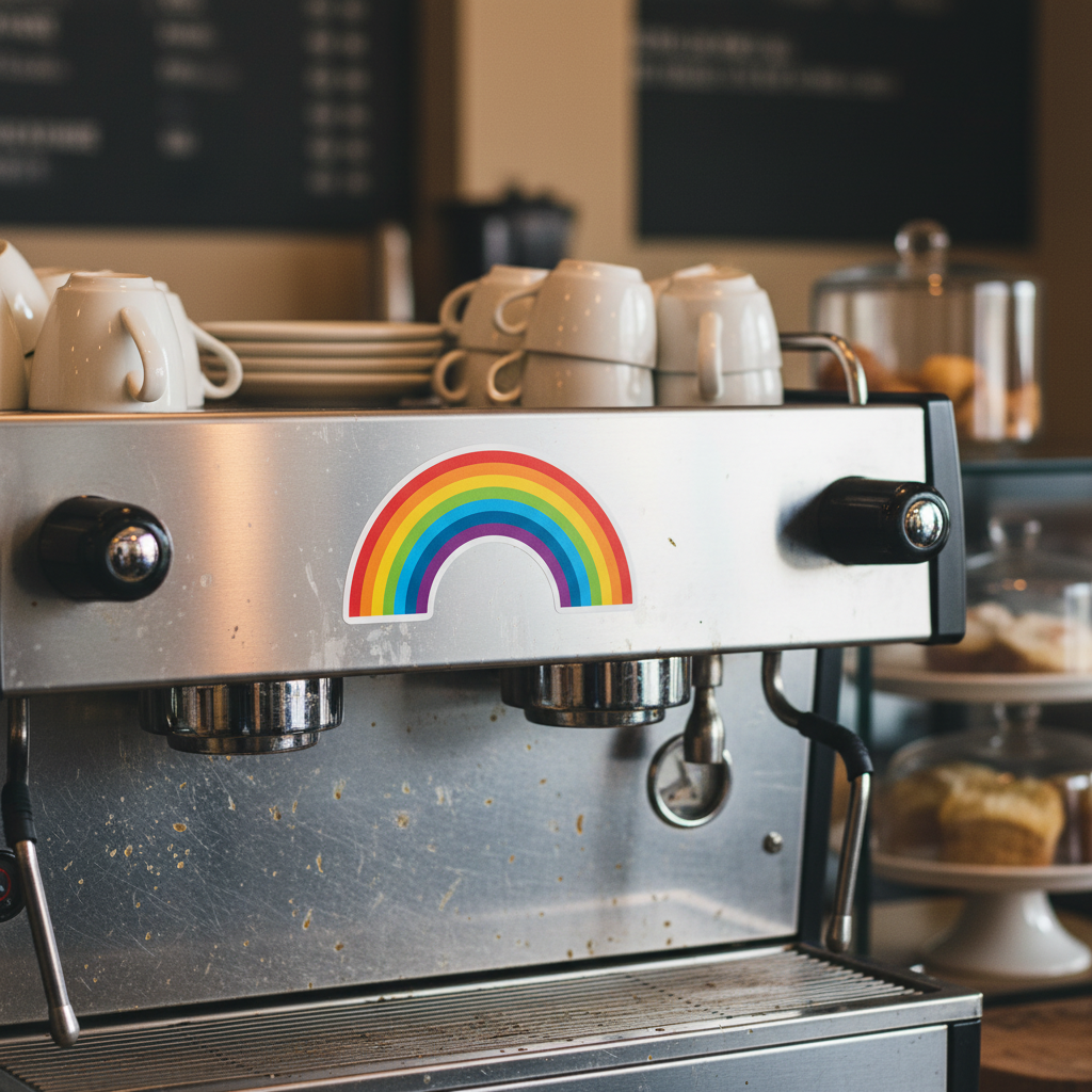 A silver espresso machine with a rainbow bubble-free sticker sits on a café counter