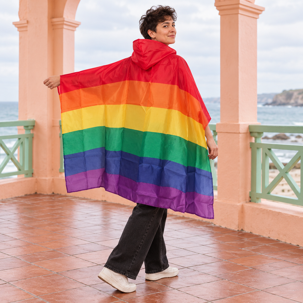 Rainbow hooded Pride cape worn on a coastal pavilion with peach columns.