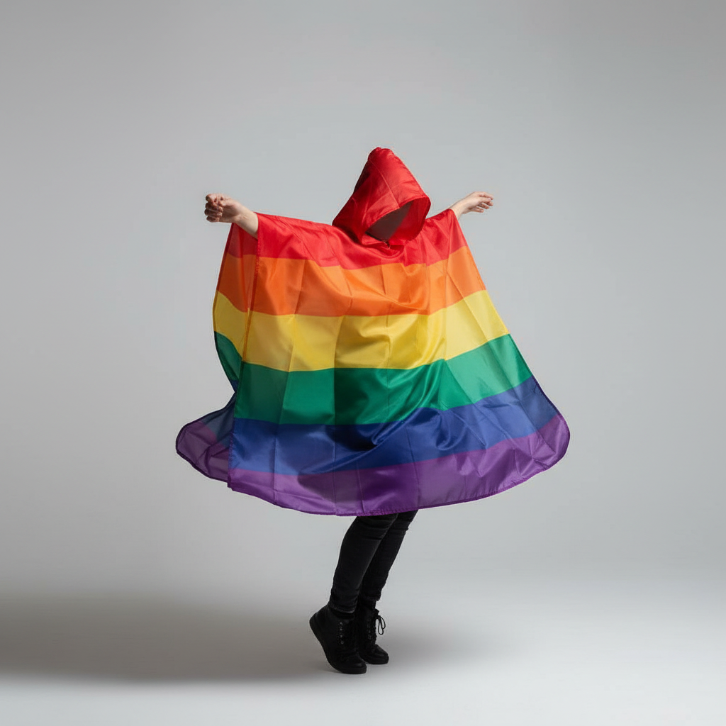 Rainbow Cape Body LGBT flag with hood, worn open-arms over black pants and boots; face hidden, light backdrop