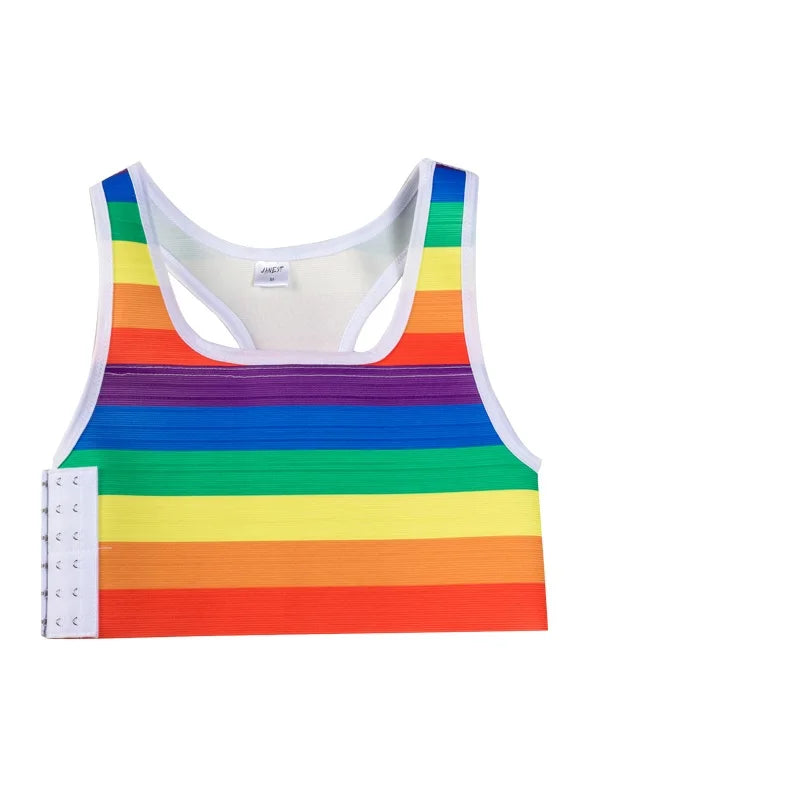 Front-facing rainbow-striped chest binder laid flat, with white trim and side hook closures