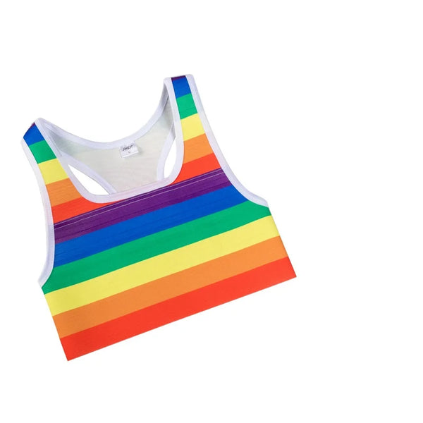Rainbow-striped chest binder shown flat at an angled view on a white background