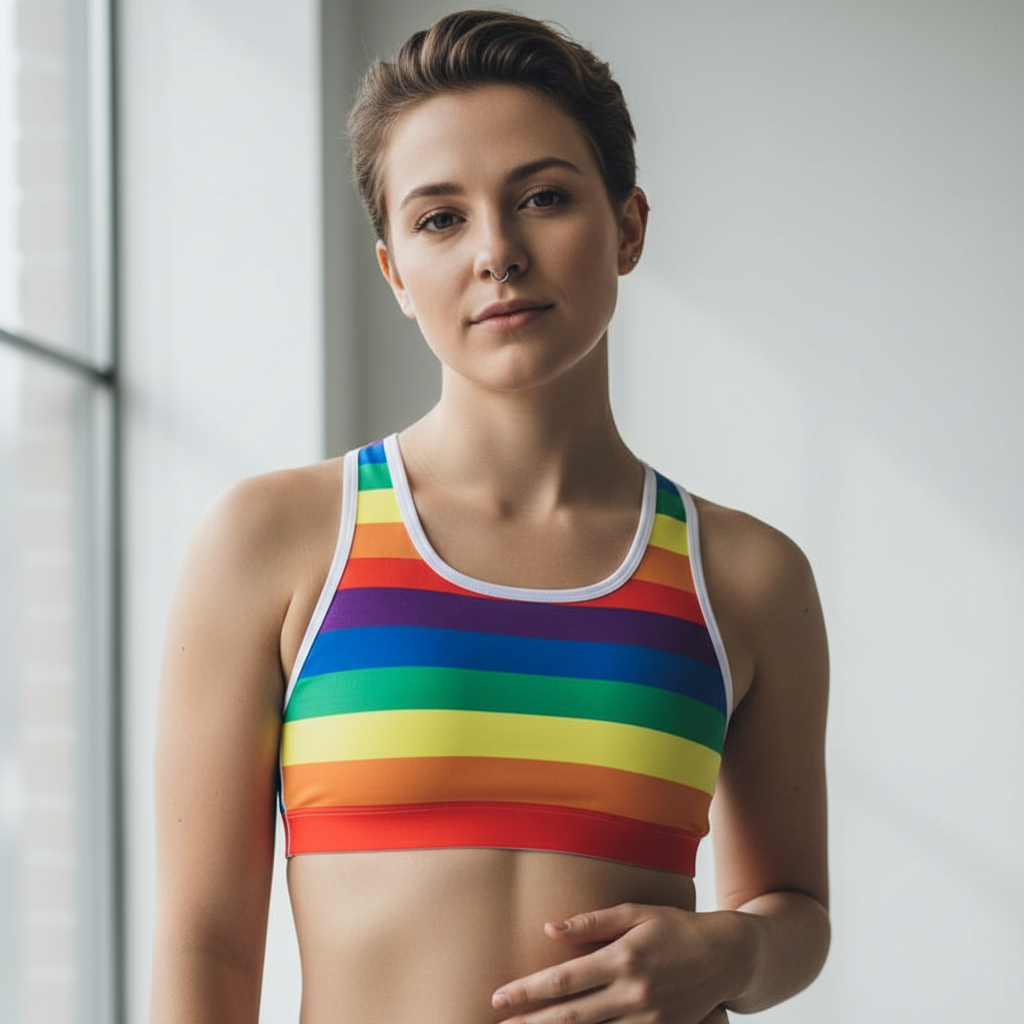 Rainbow Chest Binder with bold horizontal stripes, modeled by a person with short brown hair