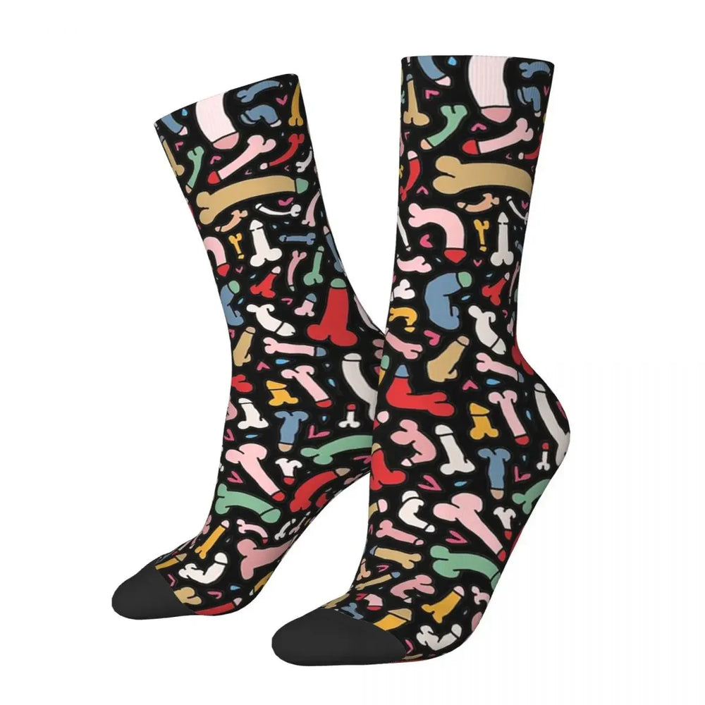 Pair of black crew socks covered in colorful penis and bone shapes