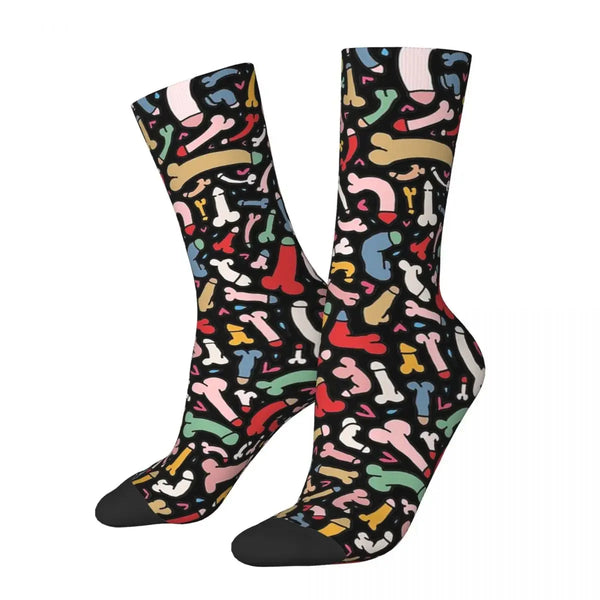 Pair of black crew socks covered in colorful penis and bone shapes