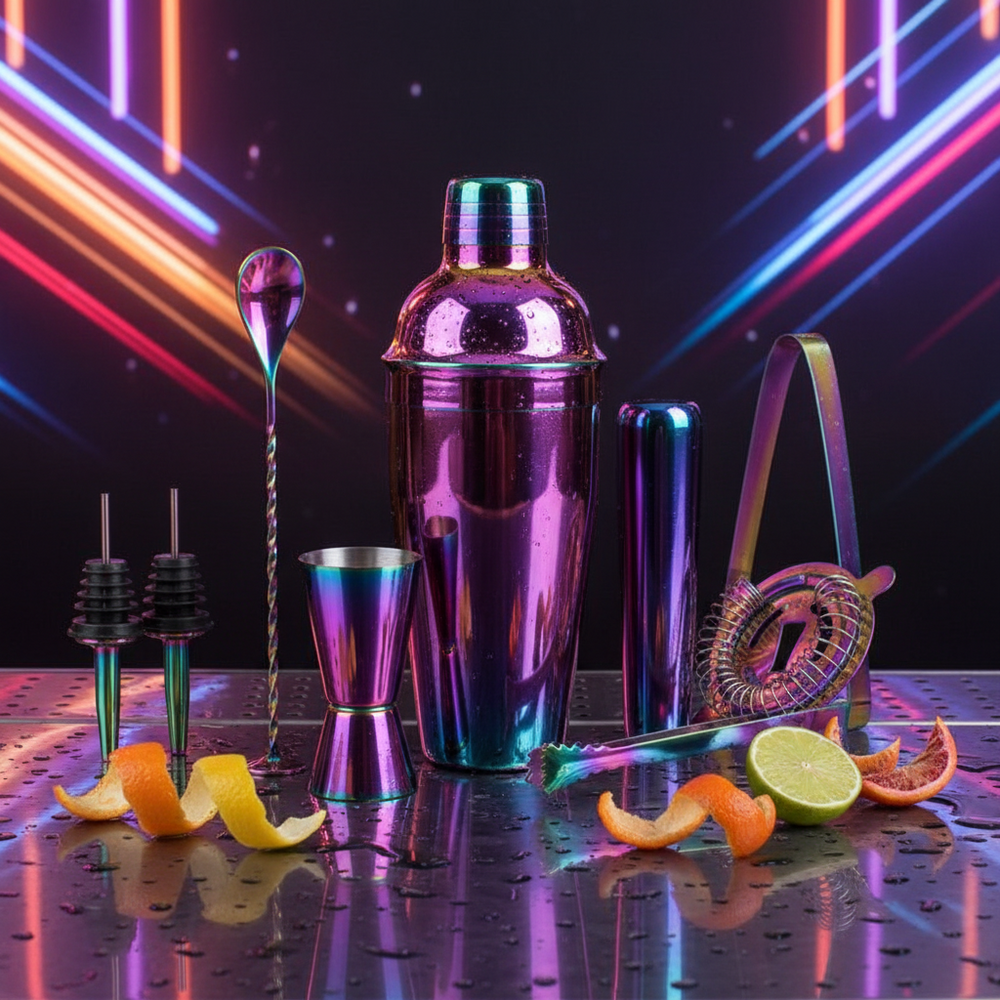 Close-up of an iridescent cocktail shaker set with jigger, strainer, pourers, spoon, and citrus garnish