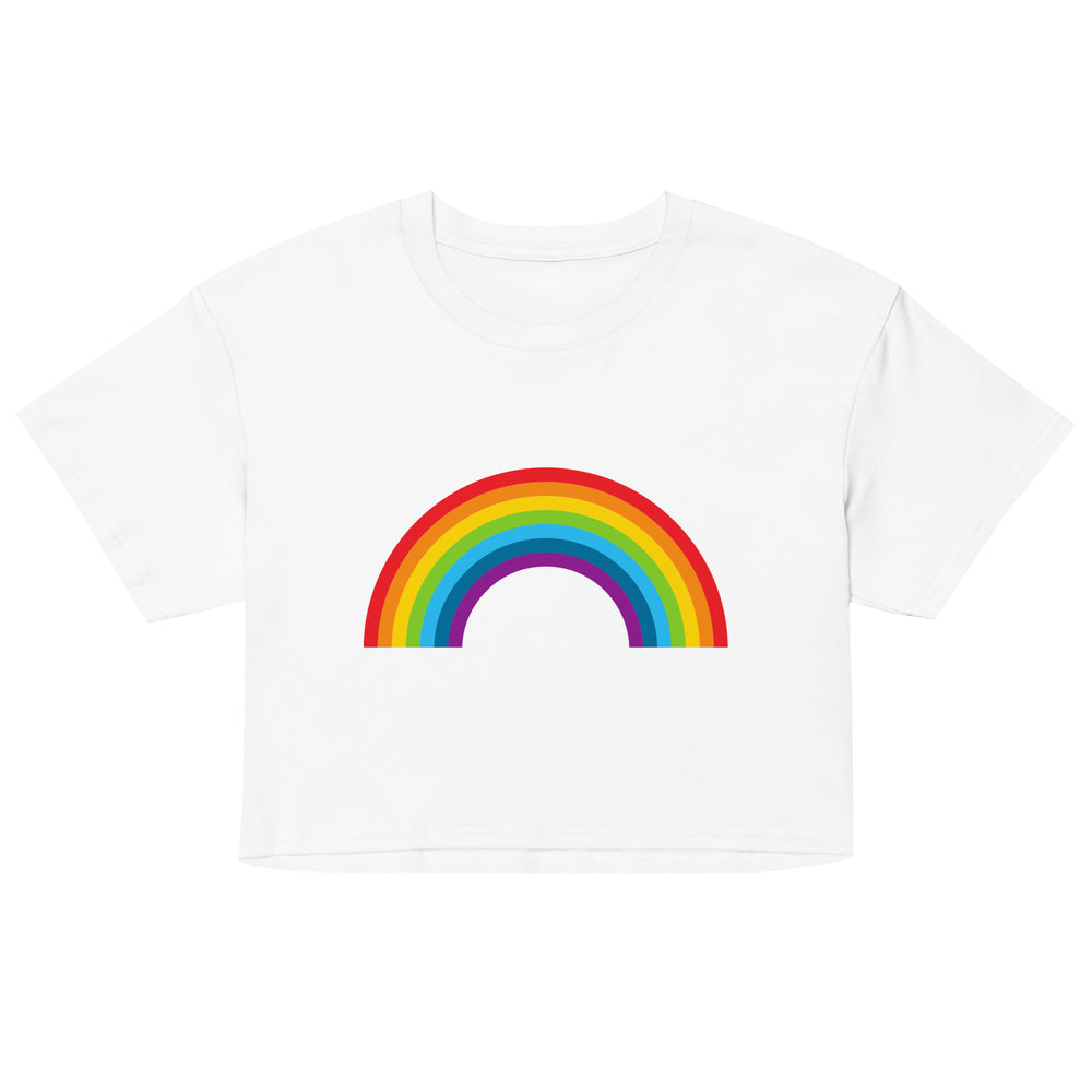 Front view of a white cropped T-shirt with a multicolored rainbow graphic