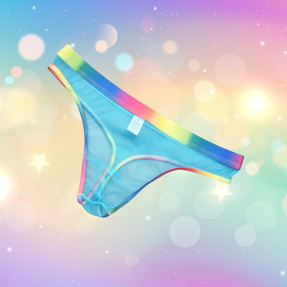 Angled view of turquoise mesh briefs with a multicolor rainbow waistband and trim