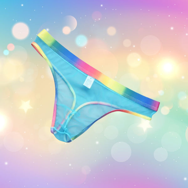 Angled view of turquoise mesh briefs with a multicolor rainbow waistband and trim
