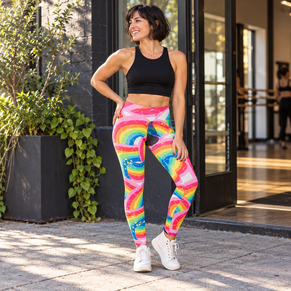 Rainbow Fantasy Pride Leggings, modelled in a candid lifestyle setting.