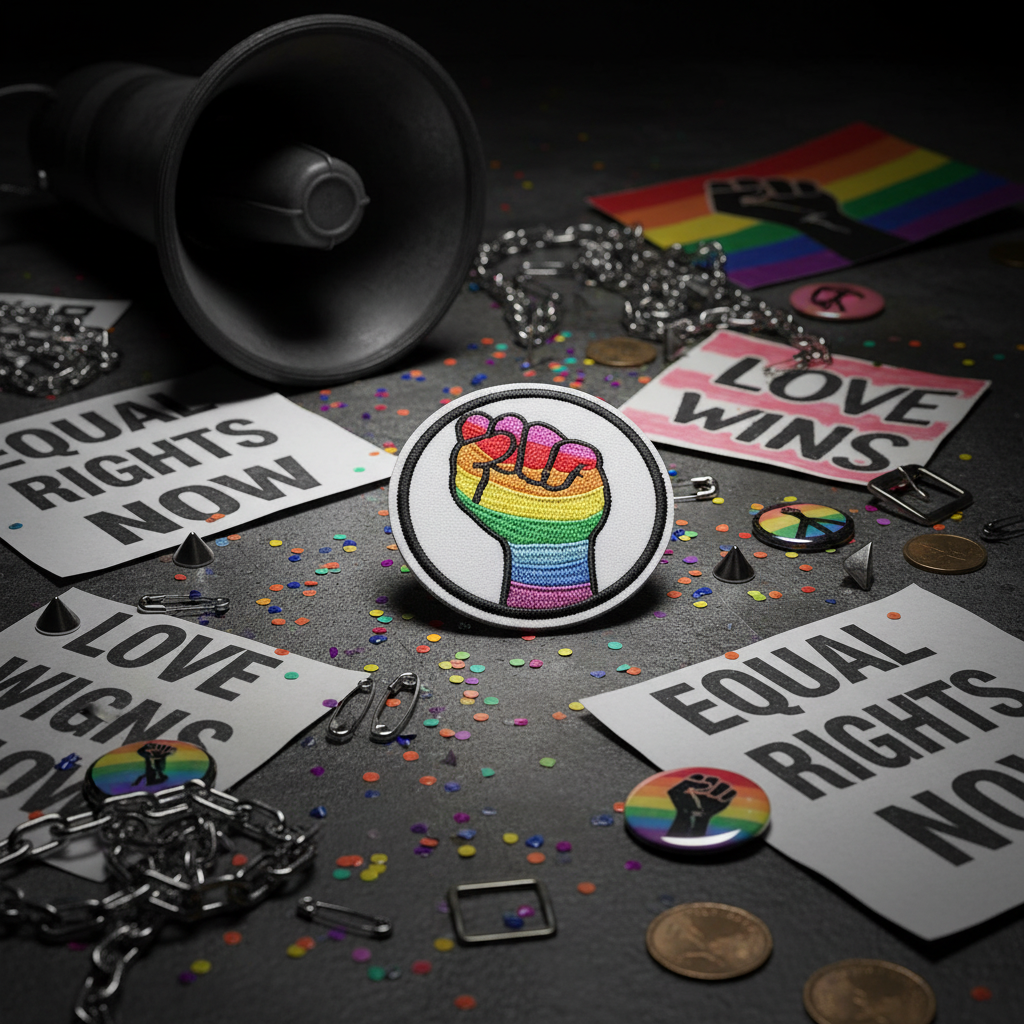 Rainbow Fist iron on embroidered patch with “Love Wins” and “Equal Rights Now” signs, rainbow buttons, confetti