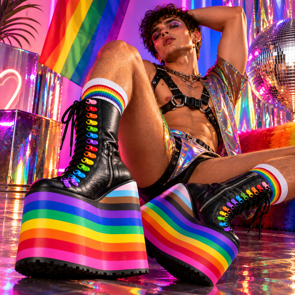 Person wearing black lace-up platform boots with rainbow-striped soles and colorful eyelets