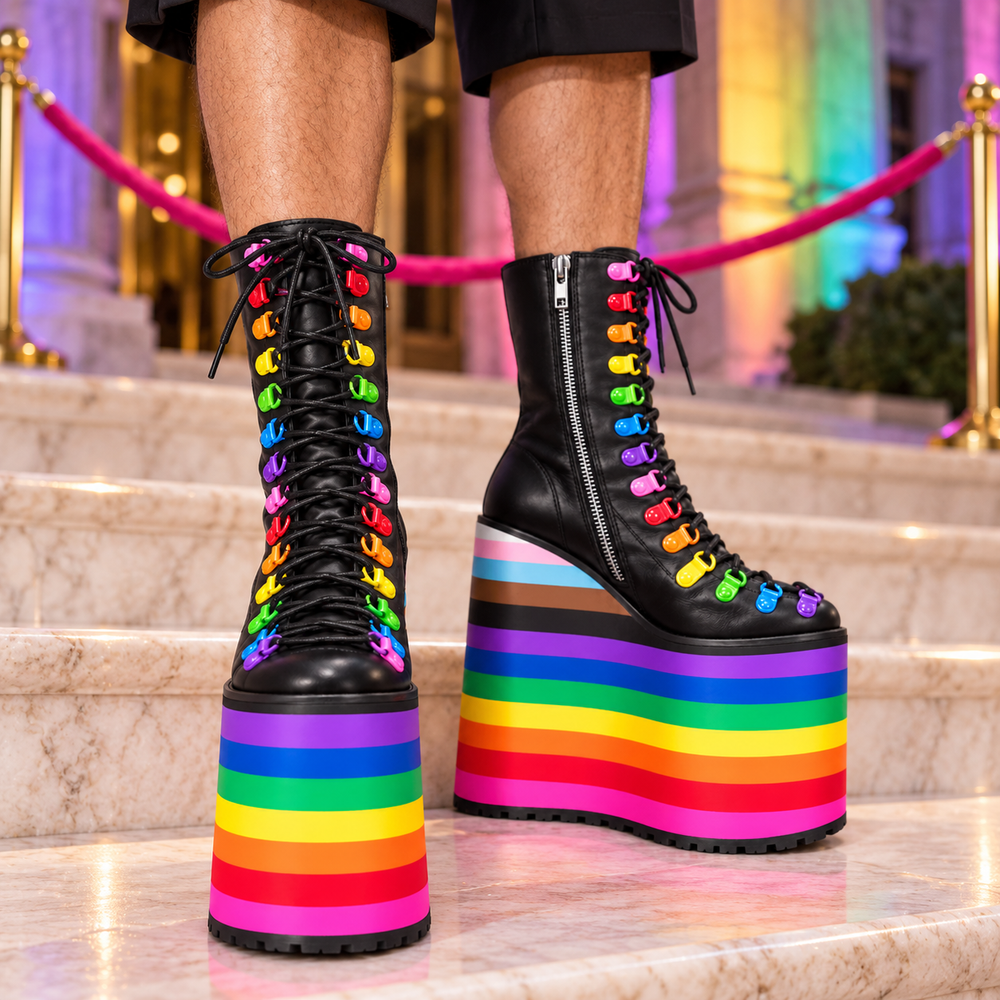 Rainbow Flat Platform Shoes worn by a model.