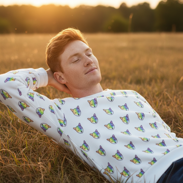 Rainbow Fox All-Over Sweatshirt on a red-haired person chilling in sunlit grass, eyes closed, sunset glow