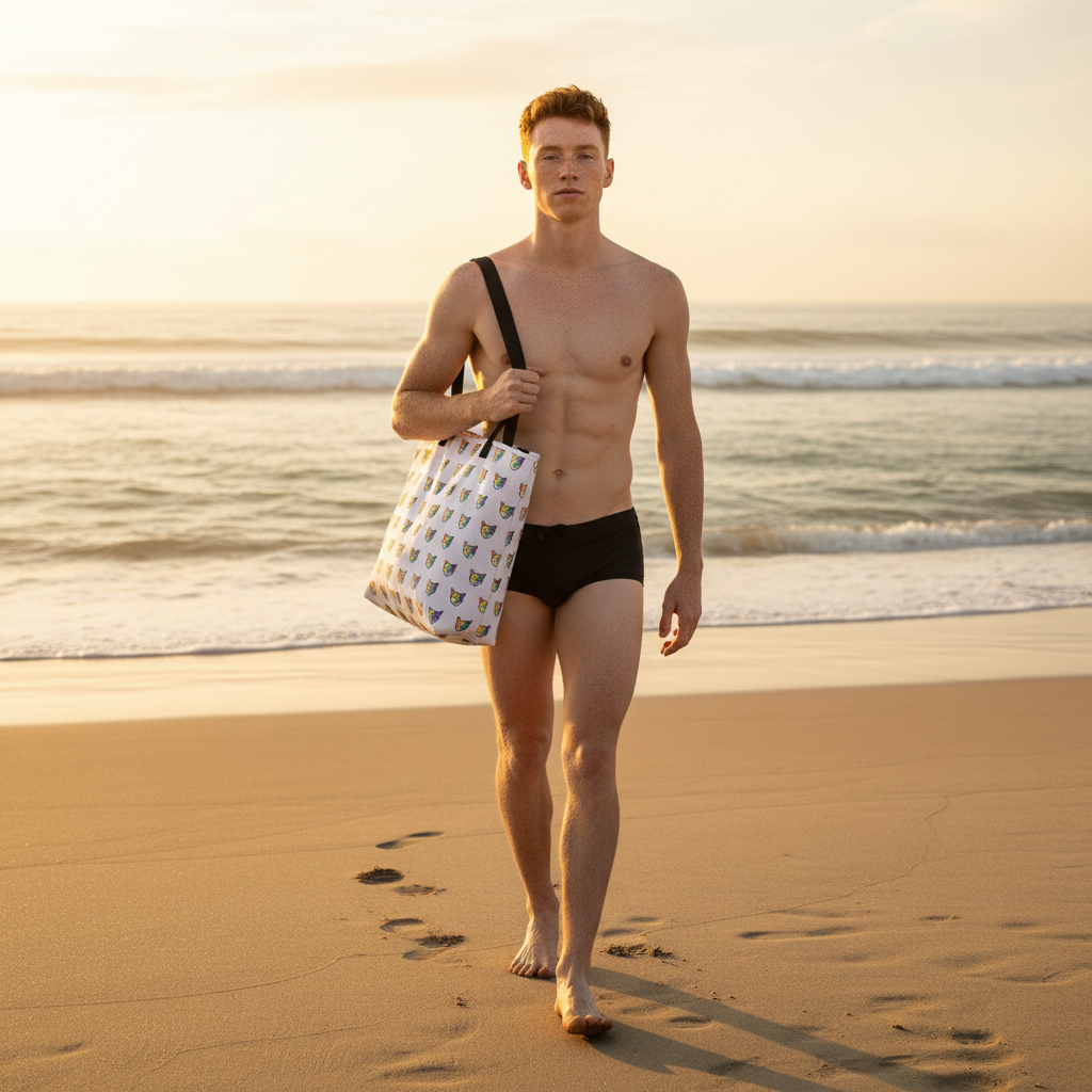 Rainbow Fox Allover Print Beach Bag slung over a barefoot guy in black swim trunks