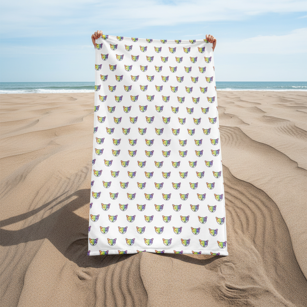 Rainbow Fox Towel with a bold, colorful fox face pattern held by a person on sand dunes; queer beach backdrop