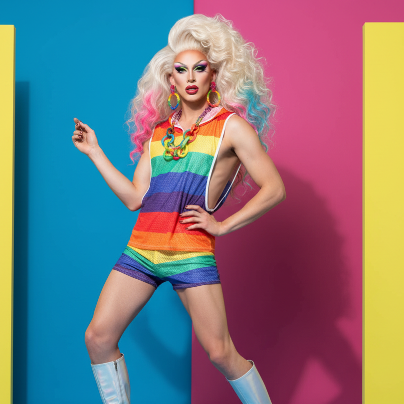 Drag performer modeling a rainbow-striped tank top and matching shorts with deep side cutouts