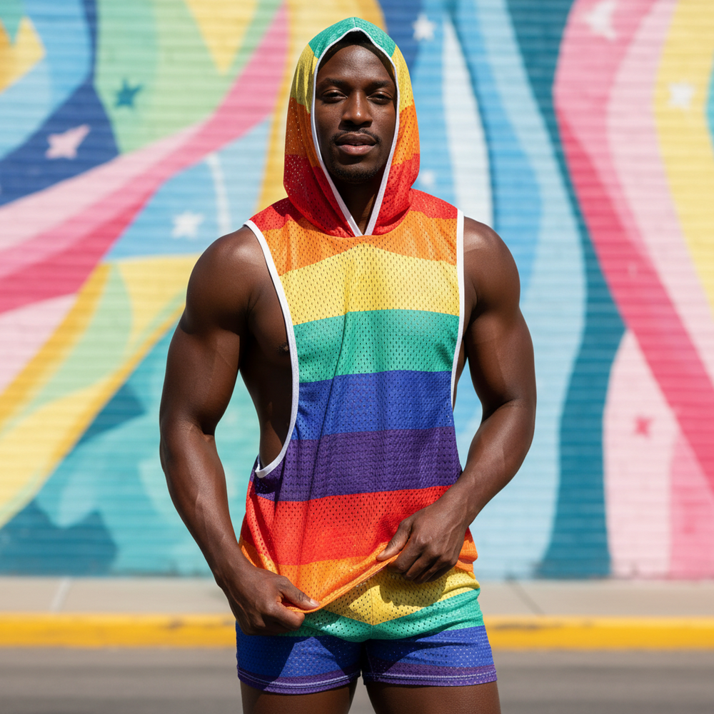 Front-facing person models a rainbow mesh hooded tank and matching shorts outdoors