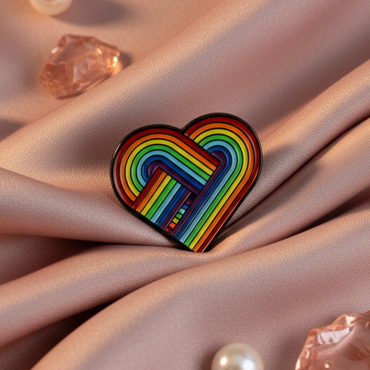 Rainbow heart enamel pin with vivid stripes, pearl, and pink gem on pink satin