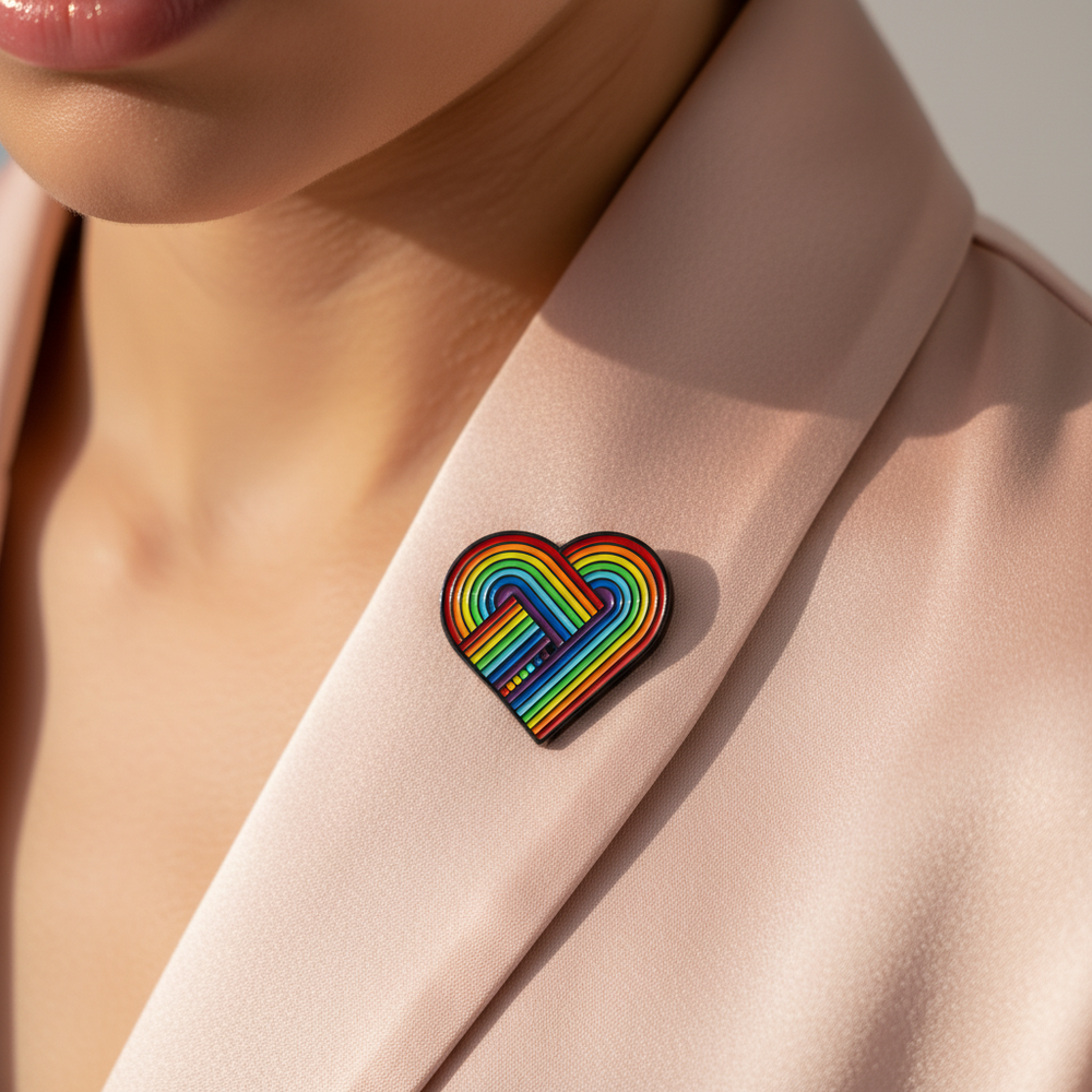 Close-up of a rainbow-striped heart enamel pin on a blush satin lapel