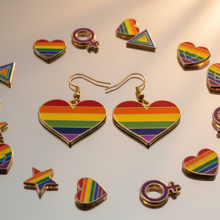 LGBT Heart Earrings: Gold-trimmed, heart-shaped drop earrings feature vibrant pride rainbow stripes on enamel