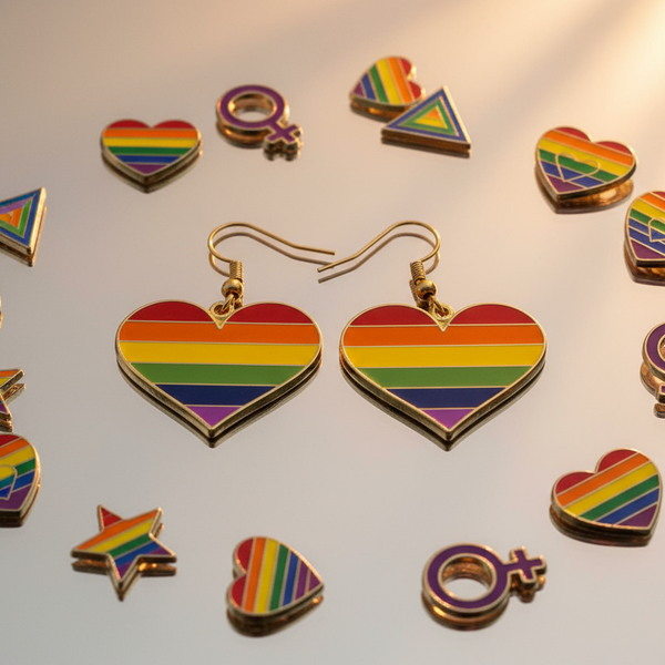 LGBT Heart Earrings: Gold-trimmed, heart-shaped drop earrings feature vibrant pride rainbow stripes on enamel