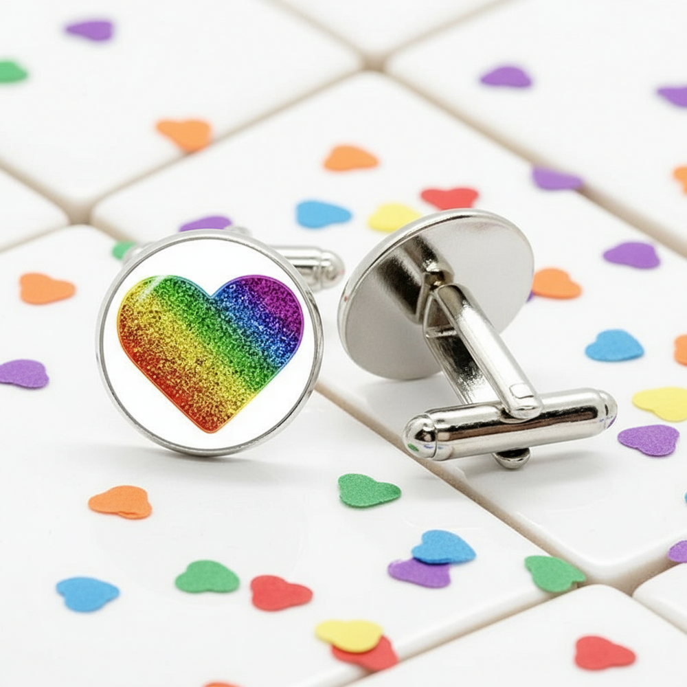 Rainbow heart cufflink pair, one face-up and one showing its silver T-bar fastening