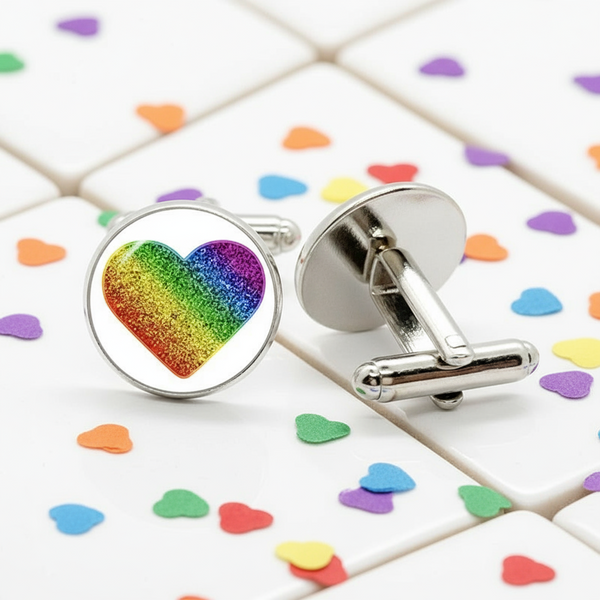 Rainbow heart cufflink pair, one face-up and one showing its silver T-bar fastening