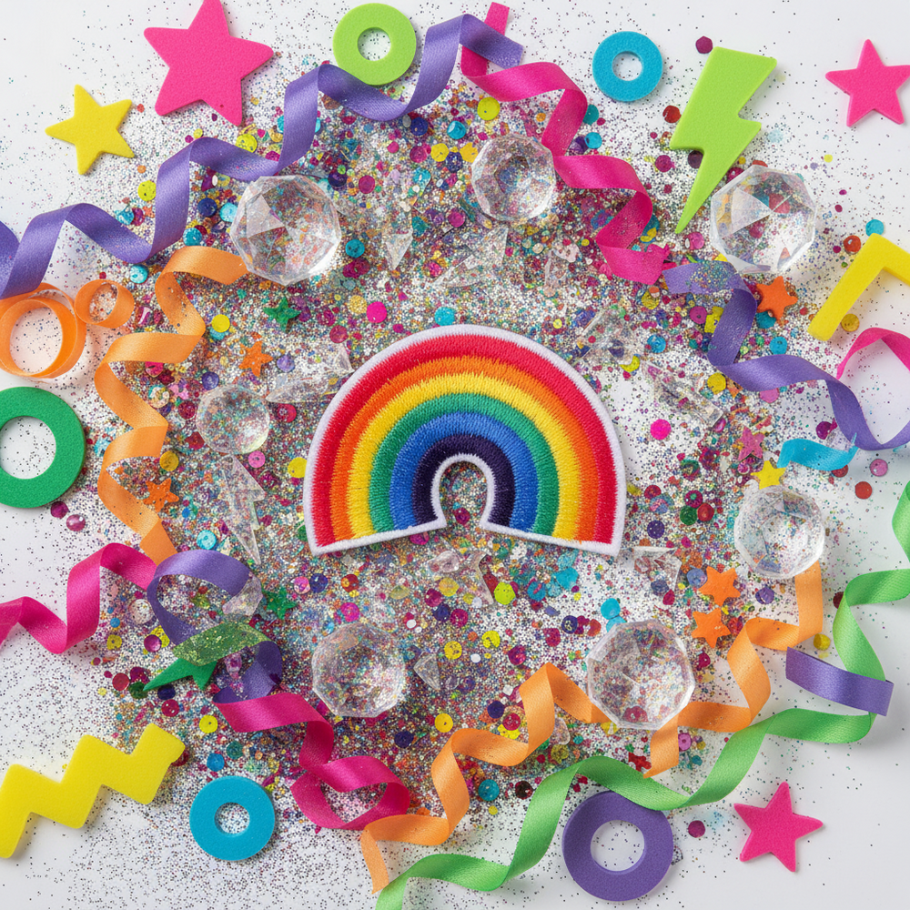 Rainbow iron-on embroidered patch, circled by glitter, sequins, gems, bright ribbons, foam stars