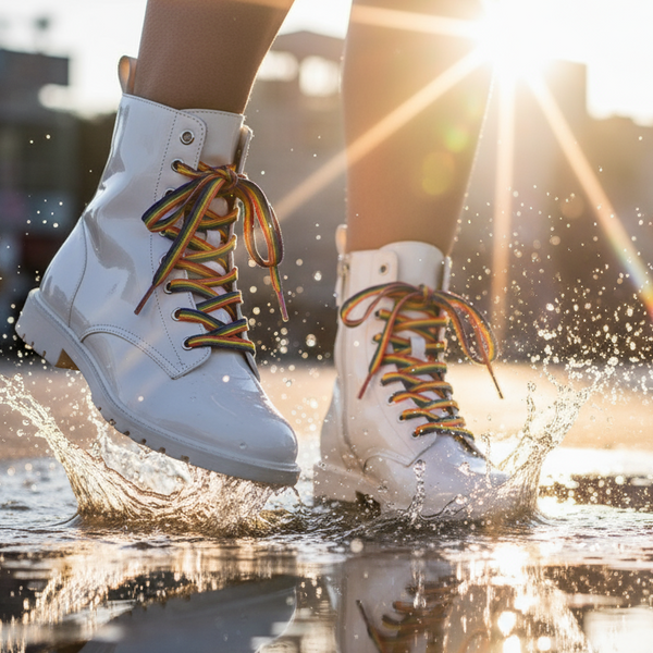 White ankle boots with rainbow laces splashing through a puddle in sunlight