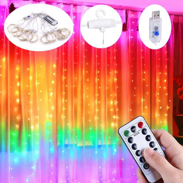 Rainbow curtain lights glowing in vertical strands as a hand uses the remote
