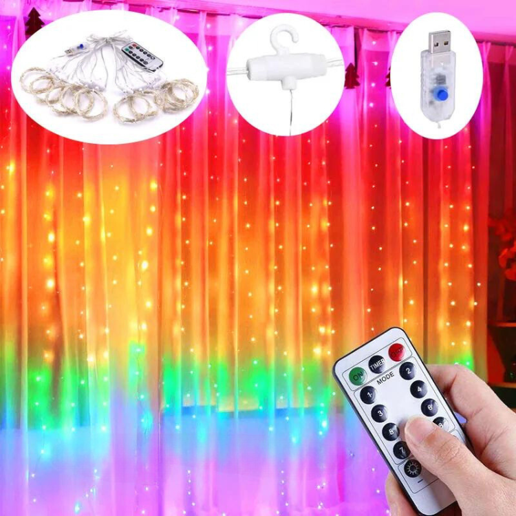 Rainbow LED curtain lights glowing in vertical strands, with a hand holding the remote