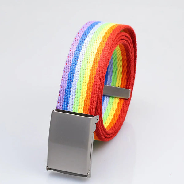 Rolled rainbow-striped canvas belt with a large rectangular silver buckle, shown at an angle
