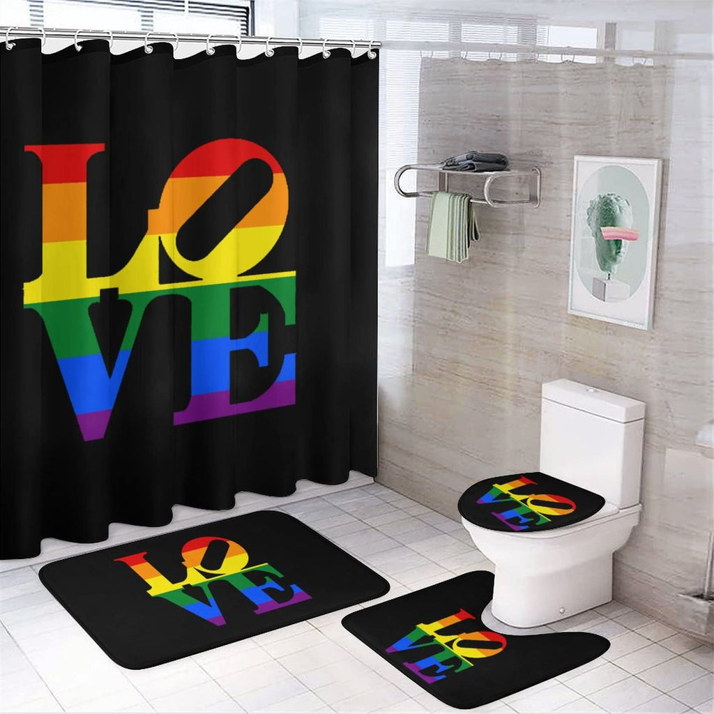 Black bathroom set with rainbow-striped LOVE shower curtain and matching mats