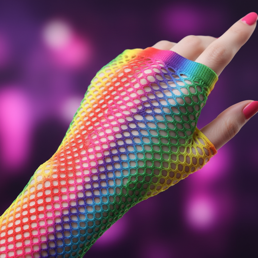 Close-up of a hand wearing a rainbow fishnet glove with exposed fingers and pink nails