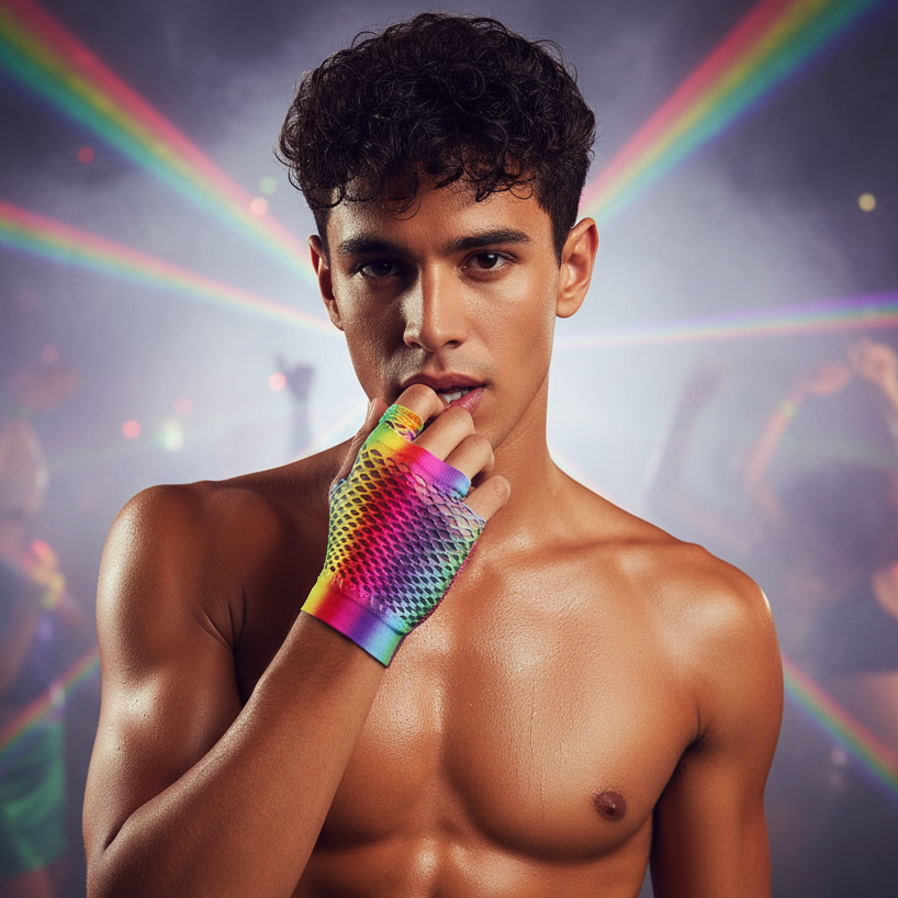 Shirtless person with short curls wears rainbow mesh fishnet gloves in a lively nightclub