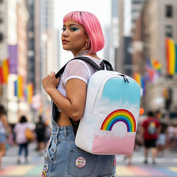 Rainbow Minimalist Backpack slung on a person with pink hair, bold blue makeup, mesh top, patched denim skirt