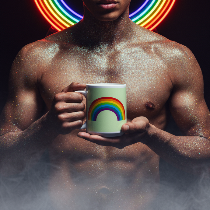 Shirtless person holds a pale green mug with a rainbow arch, against neon rainbow rings and mist