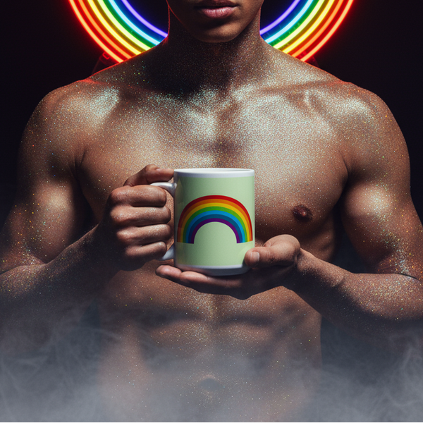 Shirtless person holds a pale green mug with a rainbow arch, against neon rainbow rings and mist