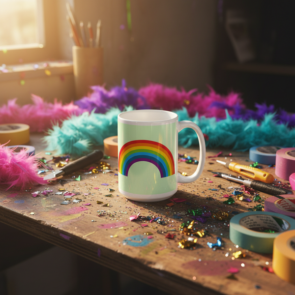 White mug with a rainbow arch on a glitter-covered craft table