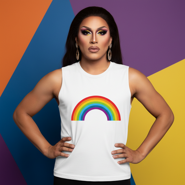 Rainbow Muscle Top with bold rainbow graphic, worn by a person with long dark hair and glam makeup