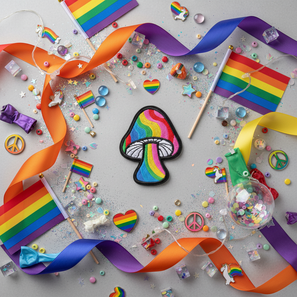 Rainbow Mushroom Iron-On Embroidered Patch on gray background, with rainbow flags, LGBT symbols, confetti, beads, hearts
