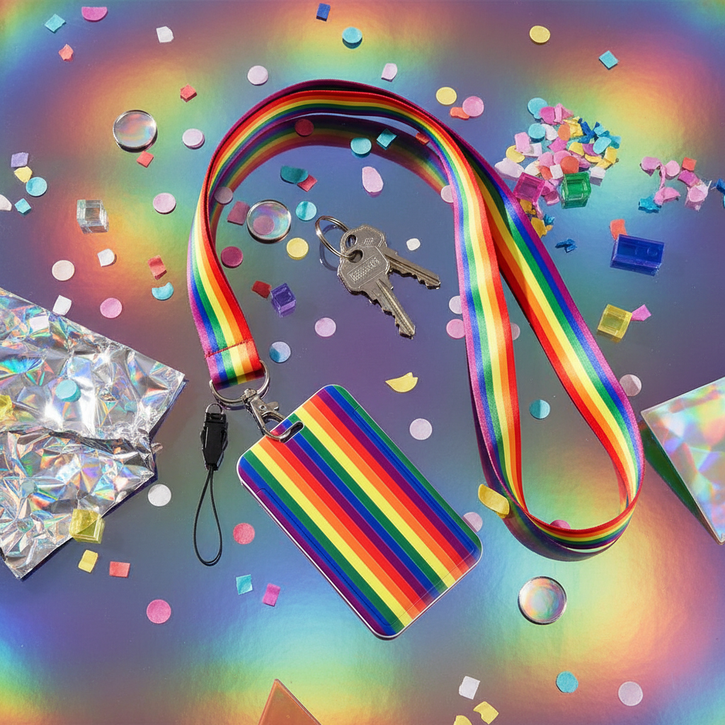 Rainbow-striped neck lanyard with matching ID card case, metal clip, and keys on a colorful confetti background