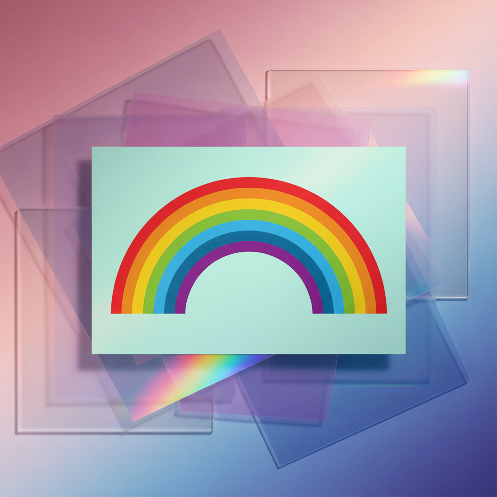 Rainbow postcard with a bold six-stripe arch on light blue, layered over pastel squares and a pink-to-blue gradient