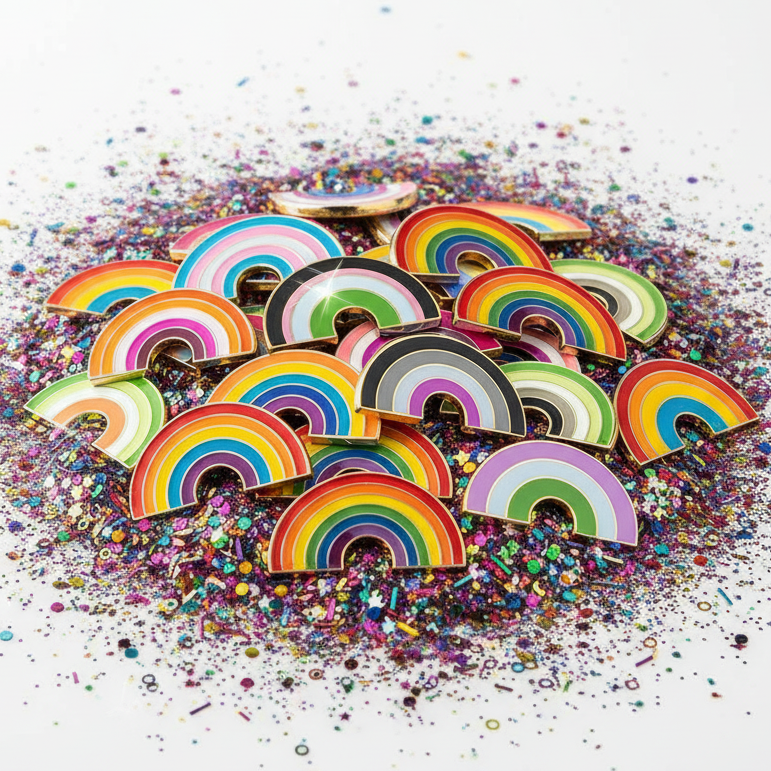 Close-up of colorful rainbow enamel pins scattered over multicolored glitter