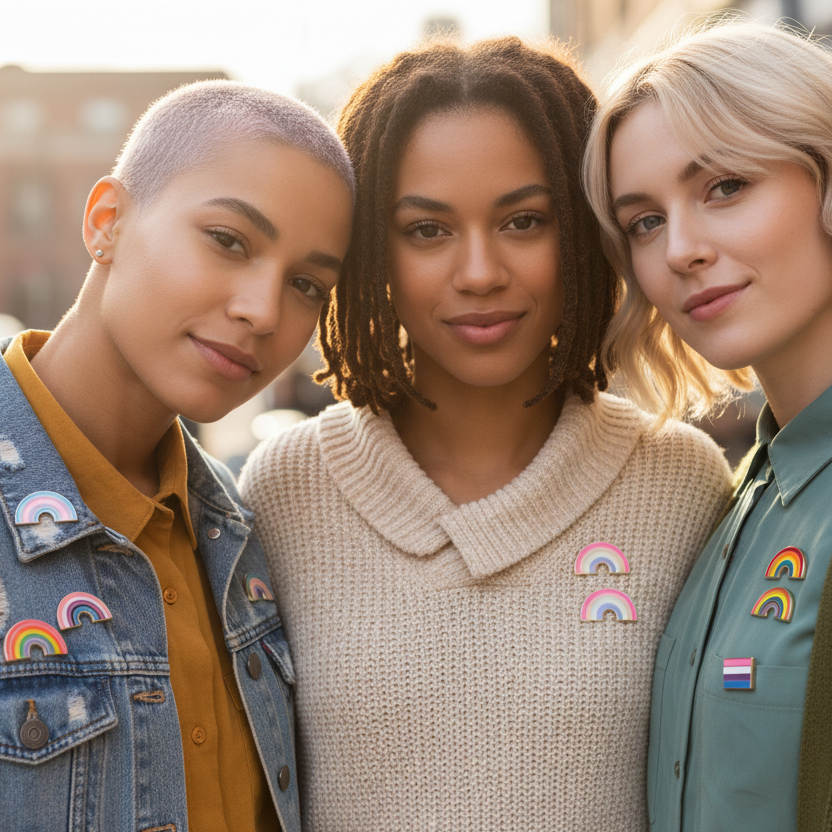 Three friends wearing rainbow enamel rainbow pins and a transgender pride flag pin