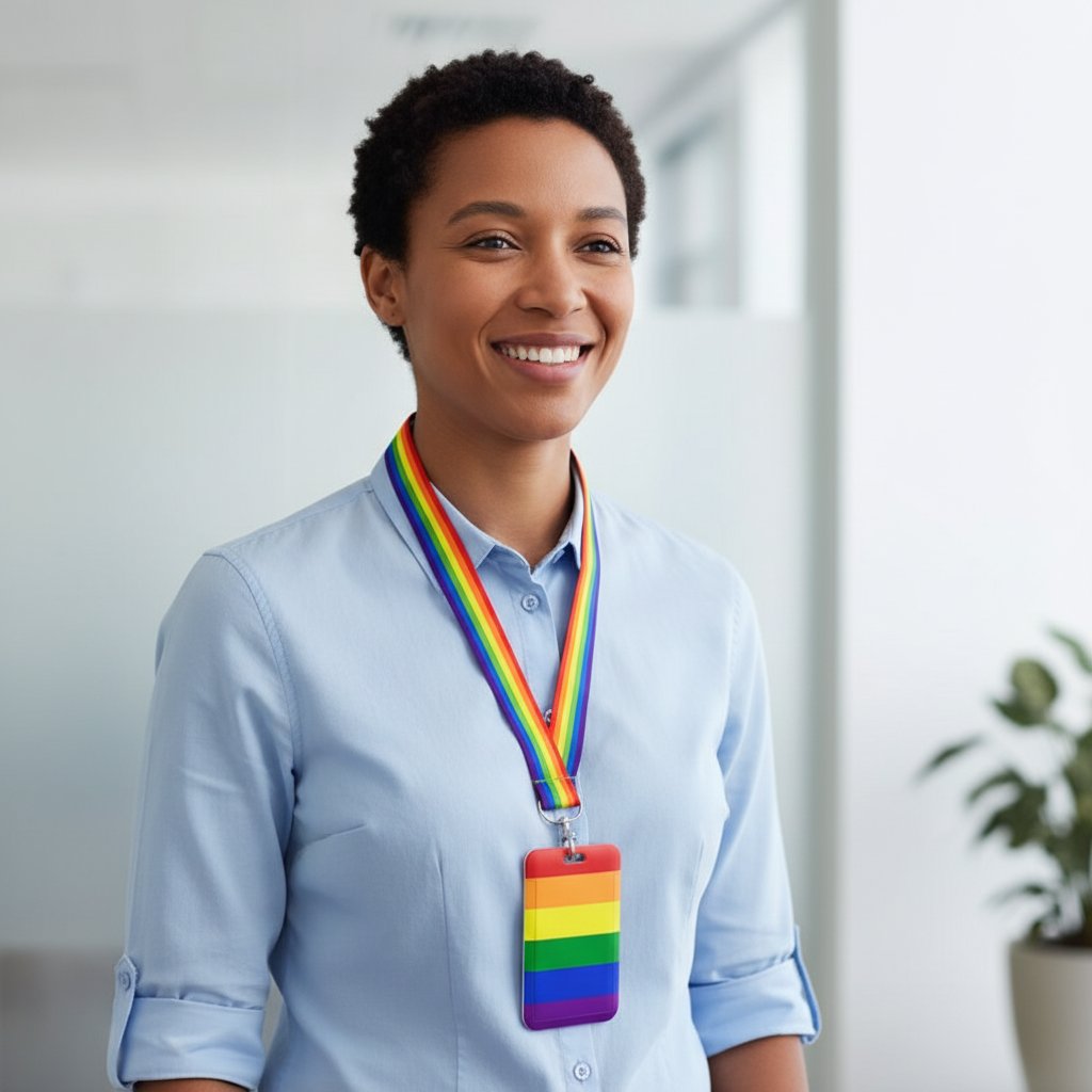 Smiling person wearing a rainbow-striped lanyard and matching ID card holder