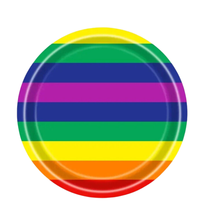 Single round paper plate with horizontal rainbow-colored stripes, shown from above
